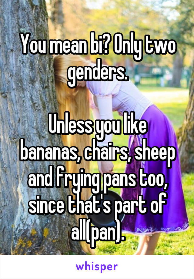 You mean bi? Only two genders.

Unless you like bananas, chairs, sheep and frying pans too, since that's part of all(pan).