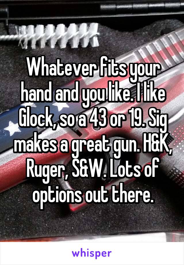 Whatever fits your hand and you like. I like Glock, so a 43 or 19. Sig makes a great gun. H&K, Ruger, S&W. Lots of options out there.