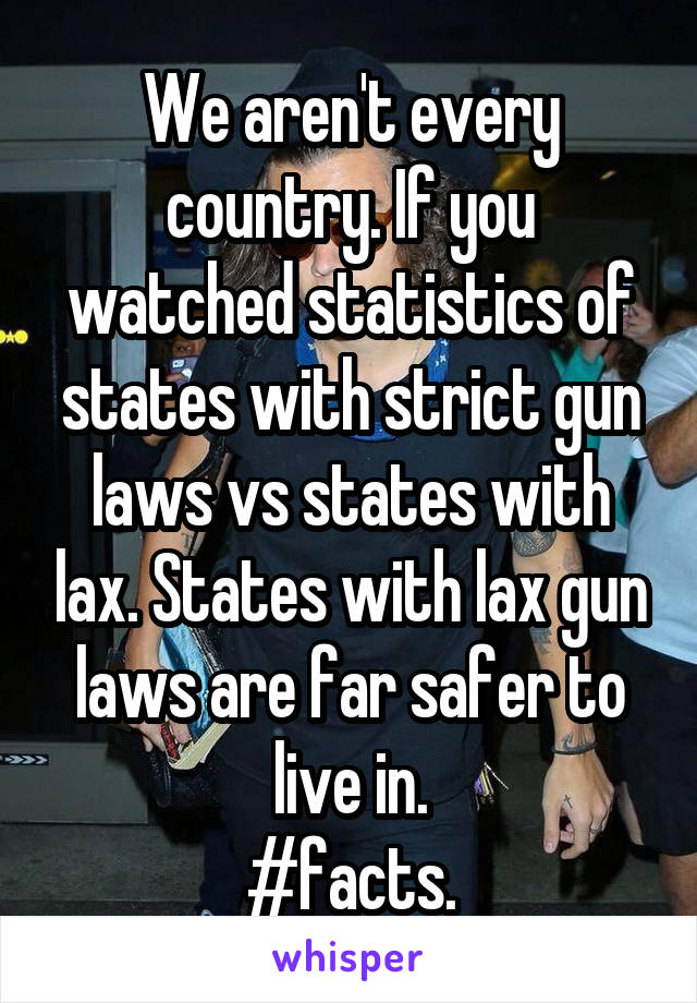 We aren't every country. If you watched statistics of states with strict gun laws vs states with lax. States with lax gun laws are far safer to live in.
#facts.