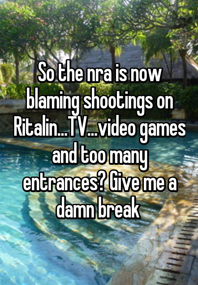 So the nra is now blaming shootings on Ritalin...TV...video games and too many entrances? Give me a damn break 