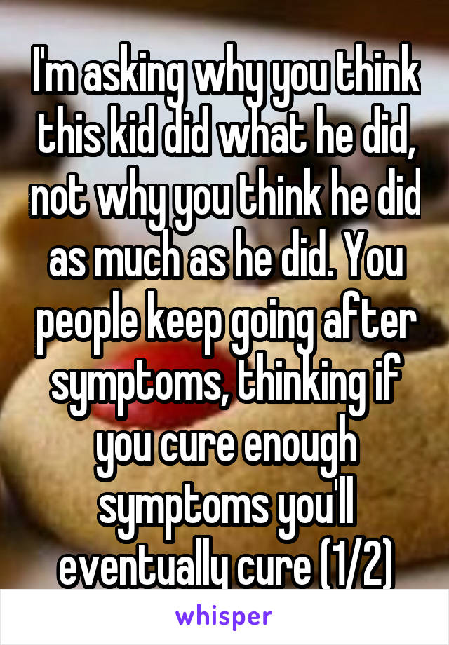 I'm asking why you think this kid did what he did, not why you think he did as much as he did. You people keep going after symptoms, thinking if you cure enough symptoms you'll eventually cure (1/2)