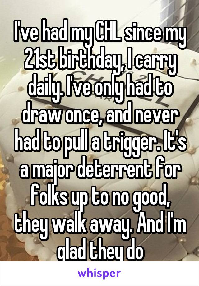 I've had my CHL since my 21st birthday, I carry daily. I've only had to draw once, and never had to pull a trigger. It's a major deterrent for folks up to no good, they walk away. And I'm glad they do