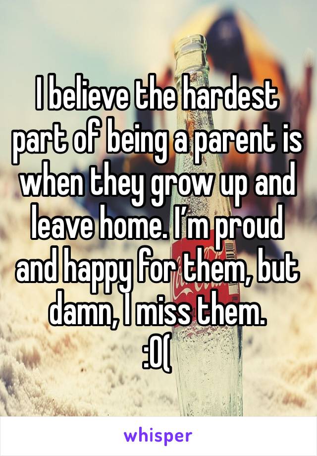 I believe the hardest part of being a parent is when they grow up and leave home. I’m proud and happy for them, but damn, I miss them.
:0(