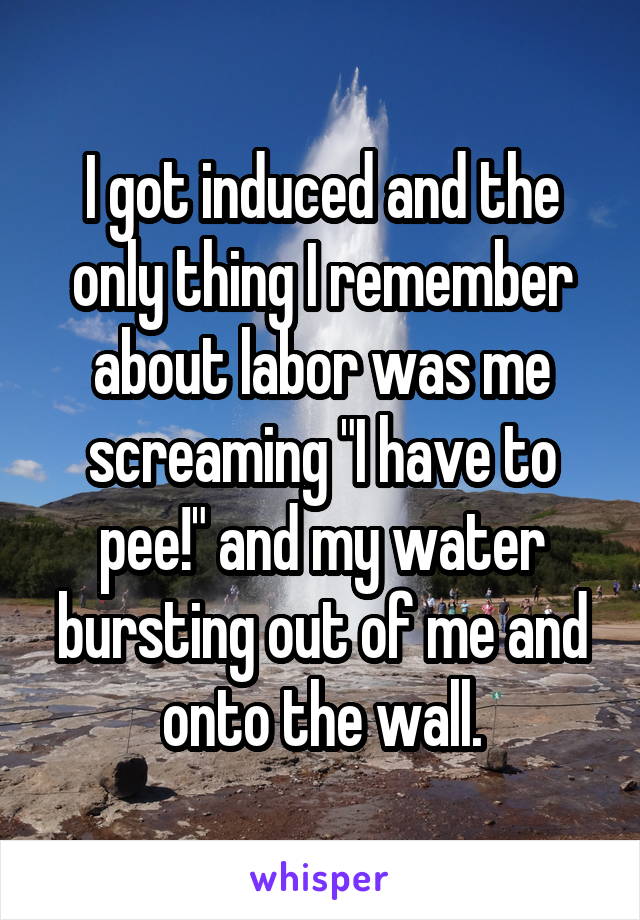 I got induced and the only thing I remember about labor was me screaming "I have to pee!" and my water bursting out of me and onto the wall.