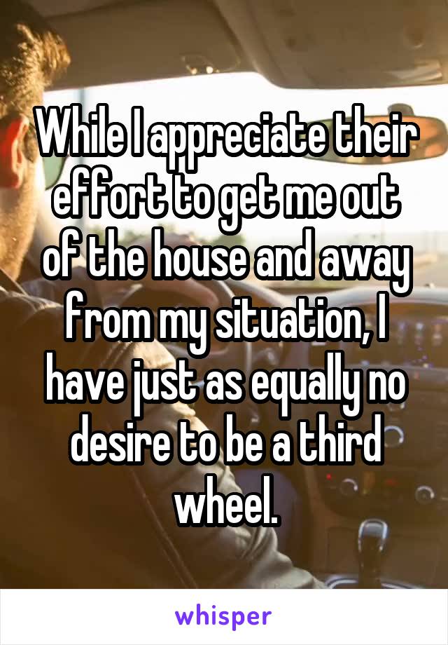 While I appreciate their effort to get me out of the house and away from my situation, I have just as equally no desire to be a third wheel.