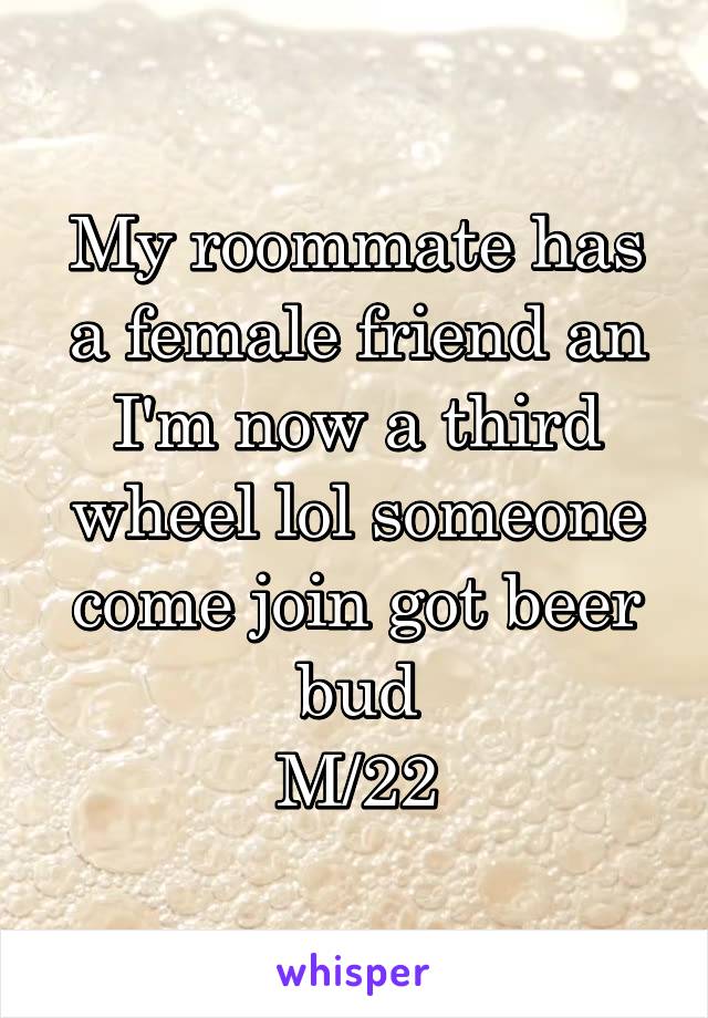 My roommate has a female friend an I'm now a third wheel lol someone come join got beer bud
M/22