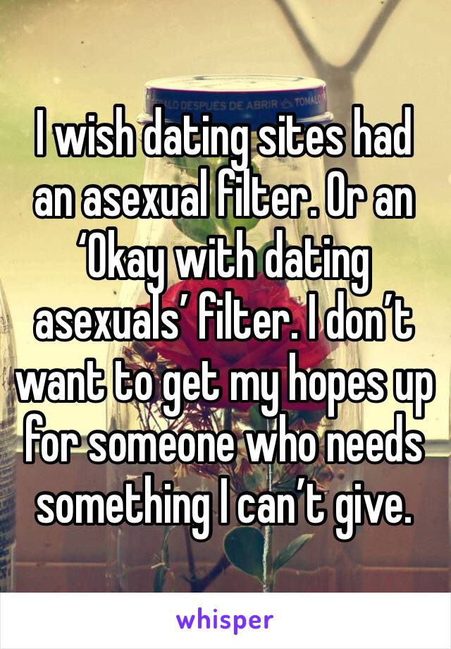 I wish dating sites had an asexual filter. Or an ‘Okay with dating asexuals’ filter. I don’t want to get my hopes up for someone who needs something I can’t give. 