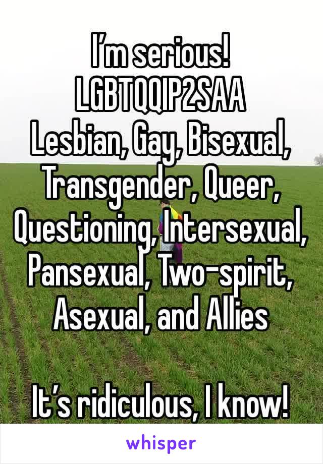 I’m serious!
LGBTQQIP2SAA 
Lesbian, Gay, Bisexual, Transgender, Queer, Questioning, Intersexual, Pansexual, Two-spirit, Asexual, and Allies

It’s ridiculous, I know!