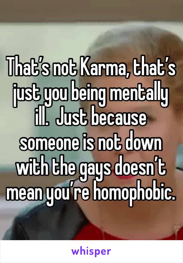 That’s not Karma, that’s just you being mentally ill.  Just because someone is not down with the gays doesn’t mean you’re homophobic. 