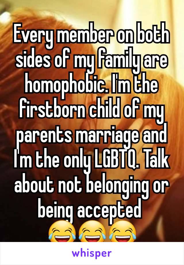 Every member on both sides of my family are homophobic. I'm the firstborn child of my parents marriage and I'm the only LGBTQ. Talk about not belonging or being accepted 
😂😂😂