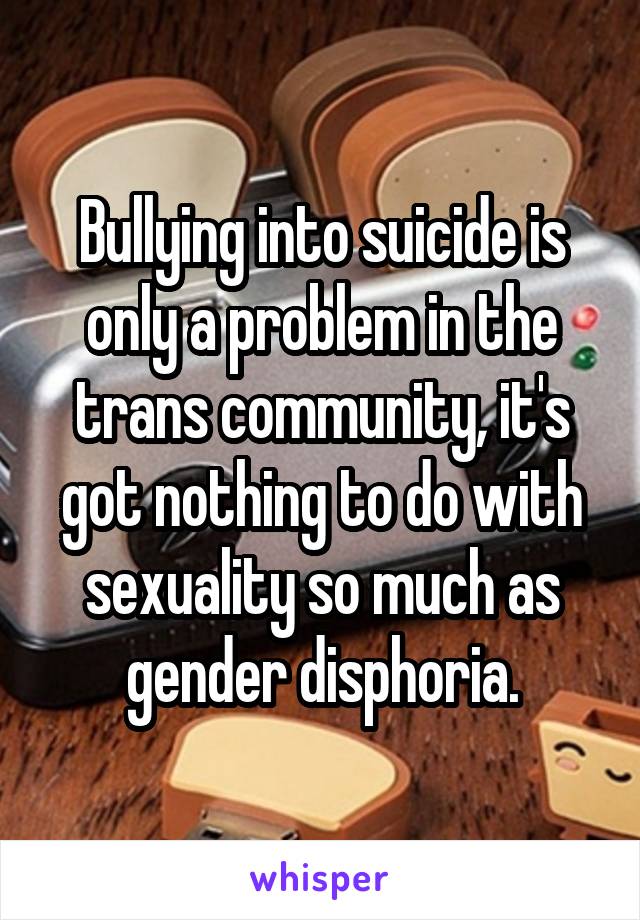 Bullying into suicide is only a problem in the trans community, it's got nothing to do with sexuality so much as gender disphoria.