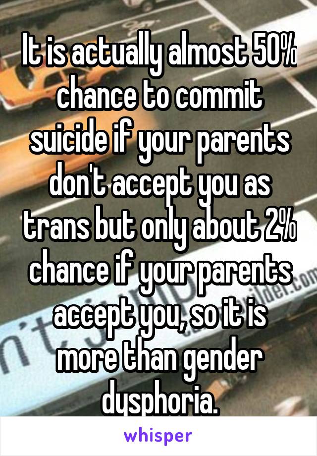 It is actually almost 50% chance to commit suicide if your parents don't accept you as trans but only about 2% chance if your parents accept you, so it is more than gender dysphoria.