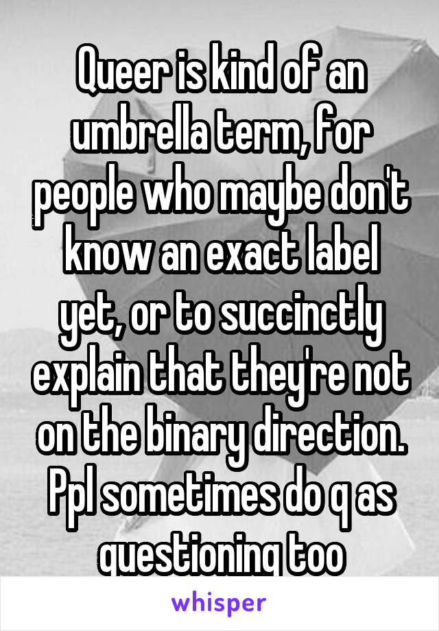 Queer is kind of an umbrella term, for people who maybe don't know an exact label yet, or to succinctly explain that they're not on the binary direction. Ppl sometimes do q as questioning too