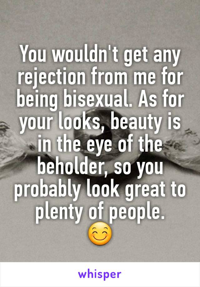 You wouldn't get any rejection from me for being bisexual. As for your looks, beauty is in the eye of the beholder, so you probably look great to plenty of people.
😊