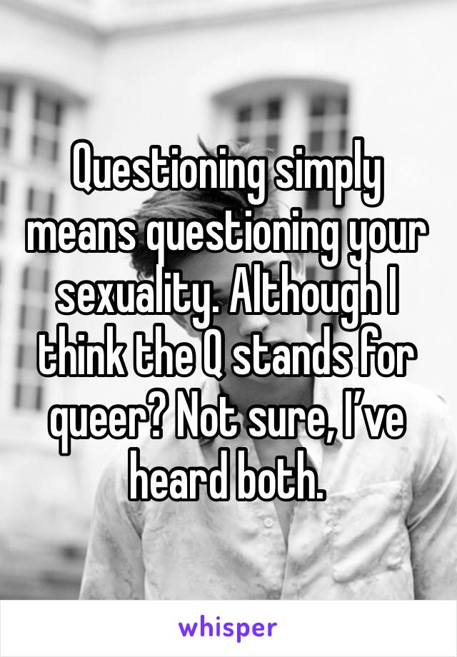 Questioning simply means questioning your sexuality. Although I think the Q stands for queer? Not sure, I’ve heard both. 