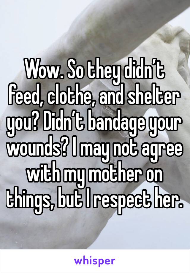 Wow. So they didn’t feed, clothe, and shelter you? Didn’t bandage your wounds? I may not agree with my mother on things, but I respect her.