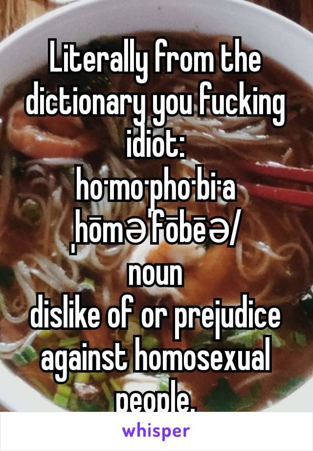 Literally from the dictionary you fucking idiot:
ho·mo·pho·bi·a
ˌhōməˈfōbēə/
noun
dislike of or prejudice against homosexual people.