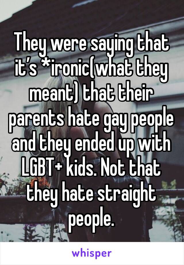 They were saying that it’s *ironic(what they meant) that their parents hate gay people and they ended up with LGBT+ kids. Not that they hate straight people.