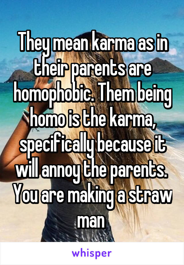 They mean karma as in their parents are homophobic. Them being homo is the karma, specifically because it will annoy the parents.  You are making a straw man 