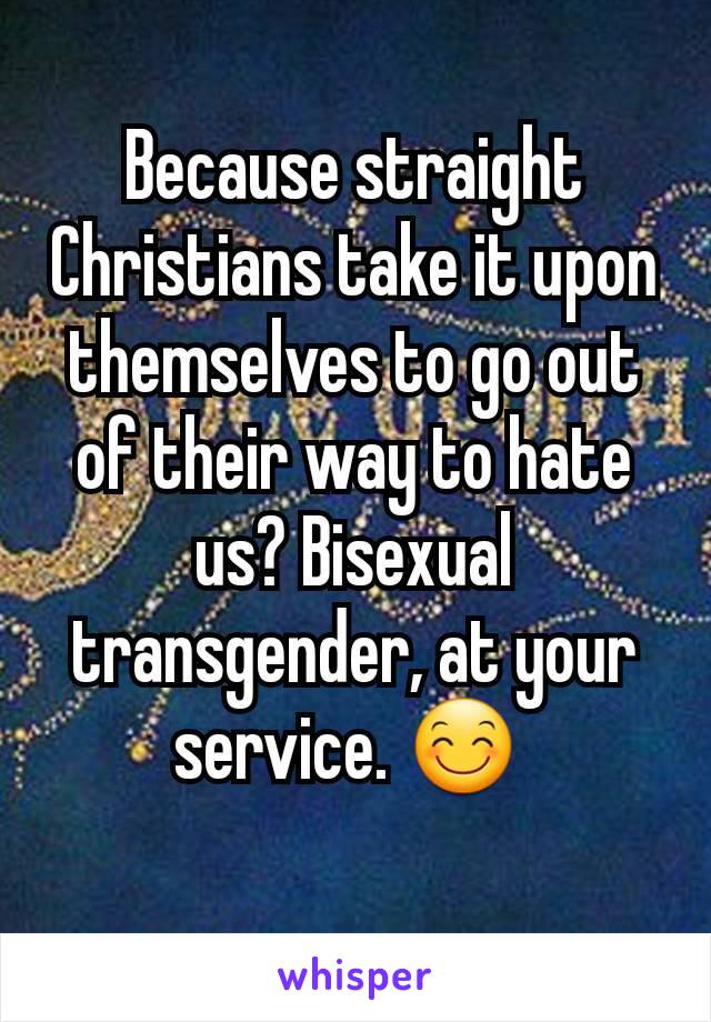 Because straight Christians take it upon themselves to go out of their way to hate us? Bisexual transgender, at your service. 😊 