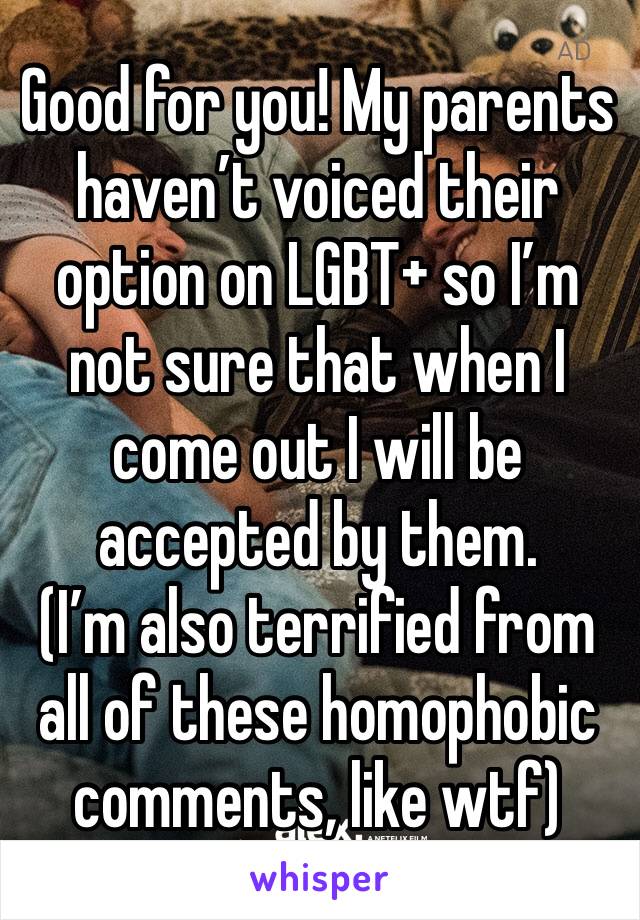 Good for you! My parents haven’t voiced their option on LGBT+ so I’m not sure that when I come out I will be accepted by them.
(I’m also terrified from all of these homophobic comments, like wtf)