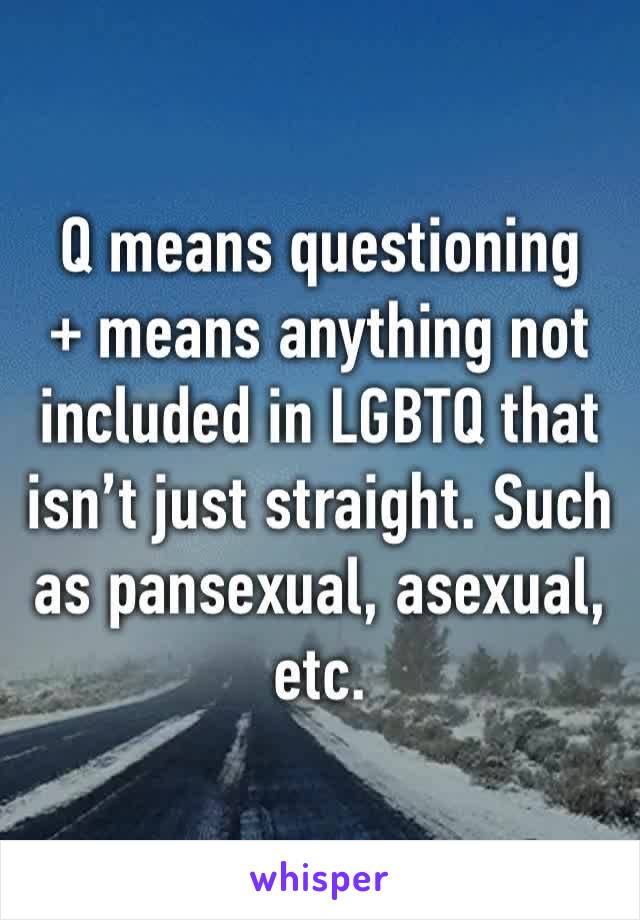 Q means questioning
+ means anything not included in LGBTQ that isn’t just straight. Such as pansexual, asexual, etc.