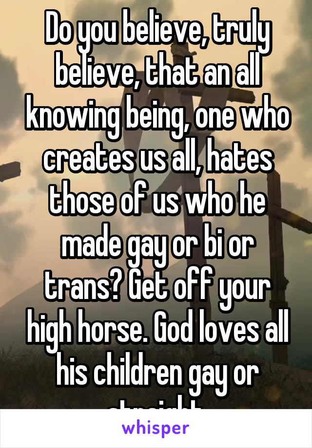 Do you believe, truly believe, that an all knowing being, one who creates us all, hates those of us who he made gay or bi or trans? Get off your high horse. God loves all his children gay or straight.