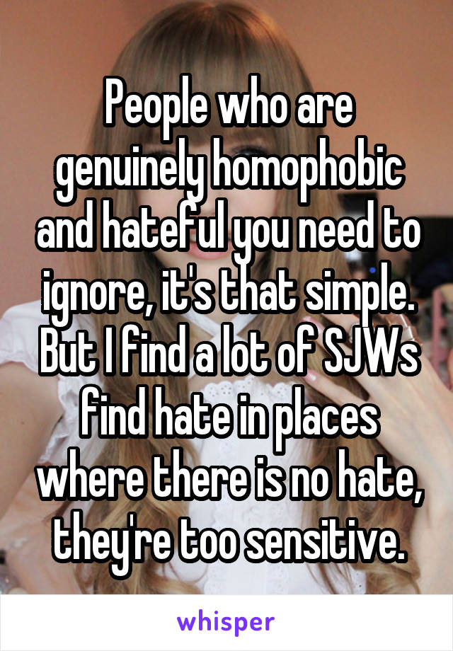 People who are genuinely homophobic and hateful you need to ignore, it's that simple. But I find a lot of SJWs find hate in places where there is no hate, they're too sensitive.