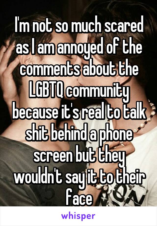 I'm not so much scared as I am annoyed of the comments about the LGBTQ community because it's real to talk shit behind a phone screen but they wouldn't say it to their face