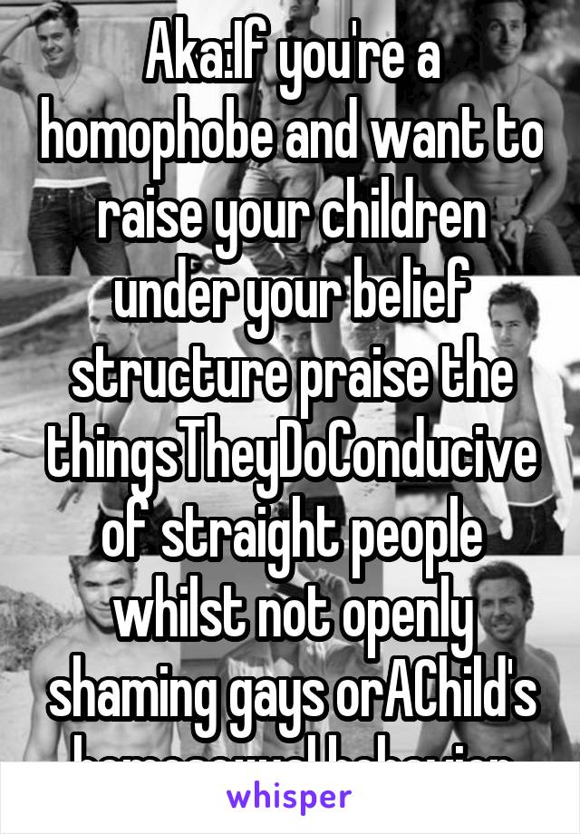 Aka:If you're a homophobe and want to raise your children under your belief structure praise the thingsTheyDoConducive of straight people whilst not openly shaming gays orAChild's homosexual behavior