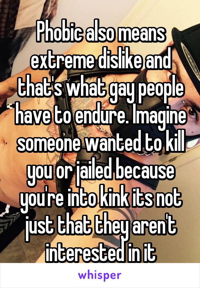 Phobic also means extreme dislike and that's what gay people have to endure. Imagine someone wanted to kill you or jailed because you're into kink its not just that they aren't interested in it