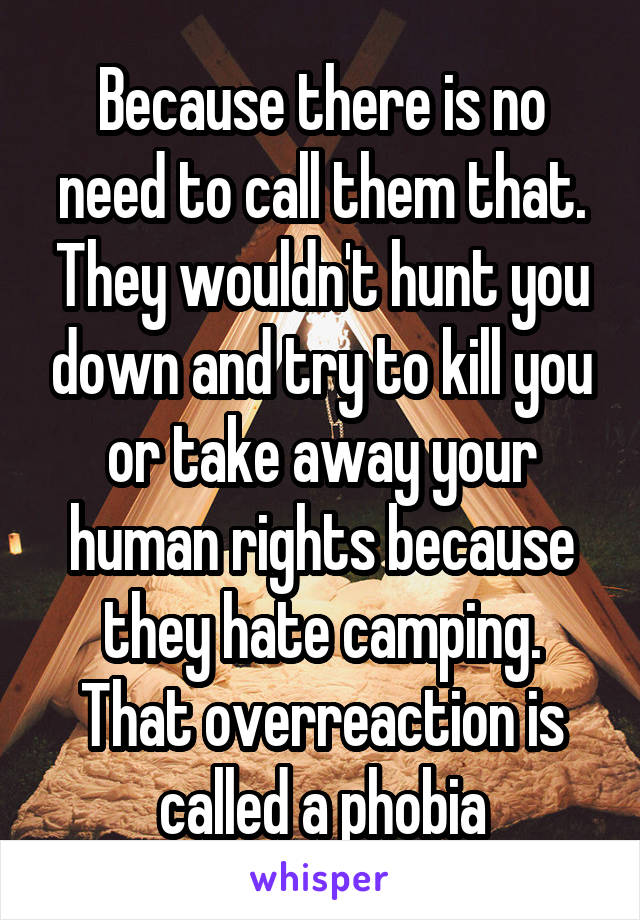 Because there is no need to call them that. They wouldn't hunt you down and try to kill you or take away your human rights because they hate camping. That overreaction is called a phobia