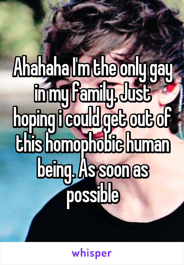 Ahahaha I'm the only gay in my family. Just hoping i could get out of this homophobic human being. As soon as possible