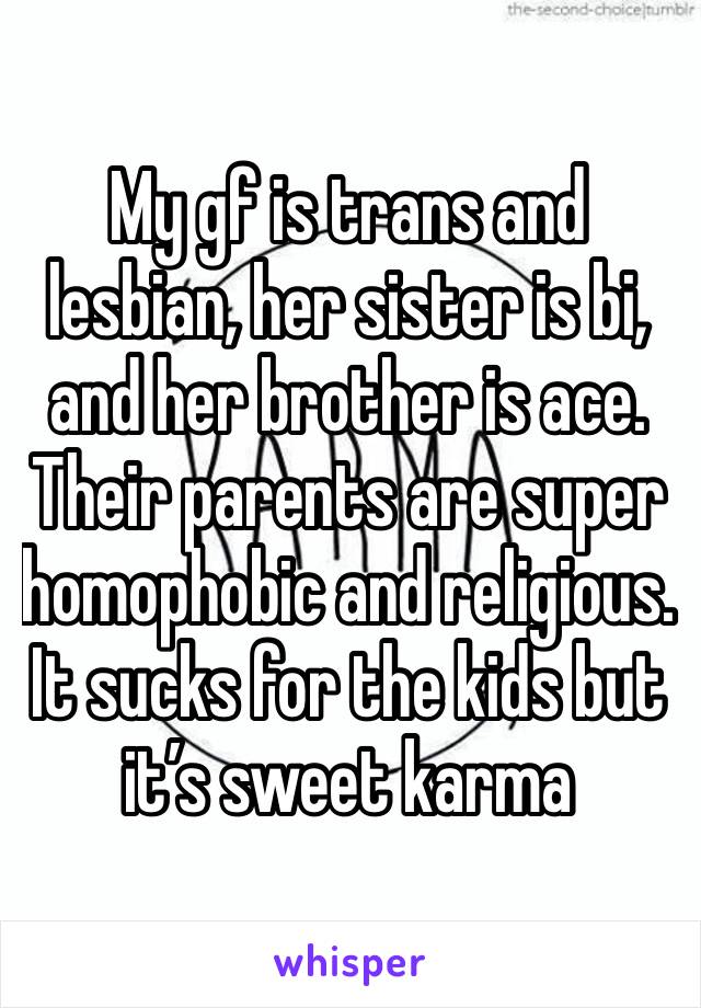 My gf is trans and lesbian, her sister is bi, and her brother is ace. Their parents are super homophobic and religious. It sucks for the kids but it’s sweet karma
