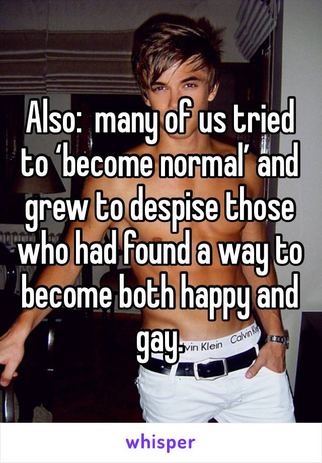 Also:  many of us tried to ‘become normal’ and grew to despise those who had found a way to become both happy and gay.  