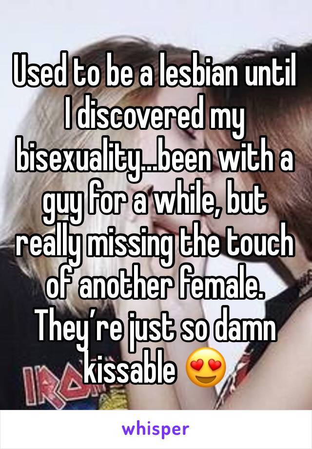 Used to be a lesbian until I discovered my bisexuality...been with a guy for a while, but really missing the touch of another female. They’re just so damn kissable 😍