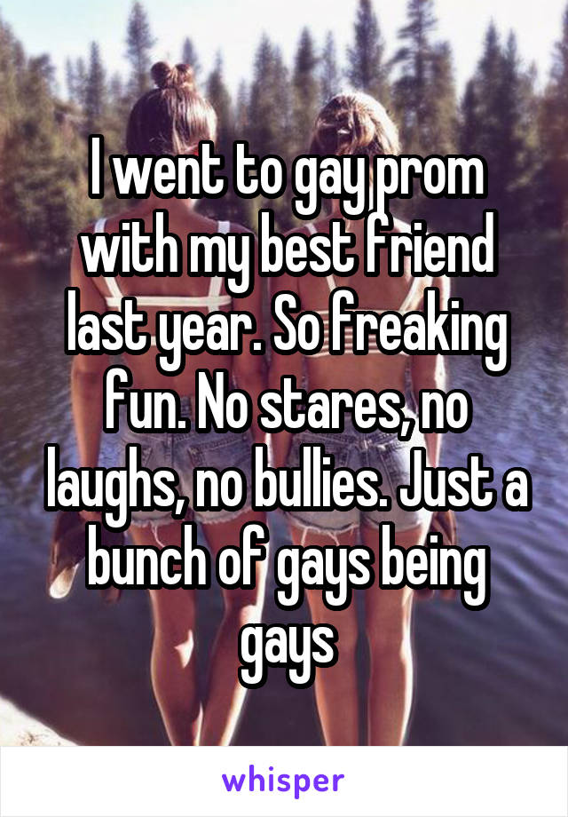 I went to gay prom with my best friend last year. So freaking fun. No stares, no laughs, no bullies. Just a bunch of gays being gays