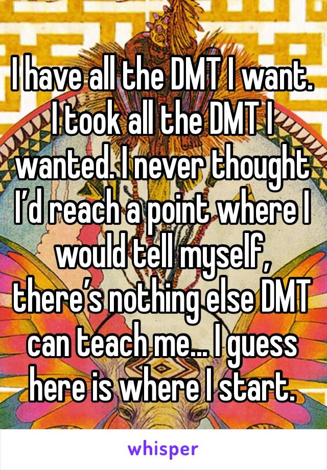I have all the DMT I want. I took all the DMT I wanted. I never thought I’d reach a point where I would tell myself, there’s nothing else DMT can teach me... I guess here is where I start.