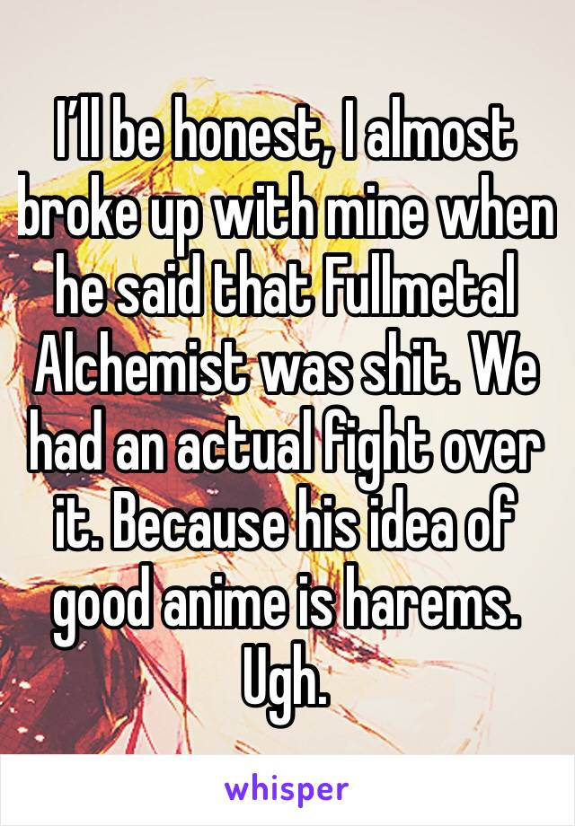 I’ll be honest, I almost broke up with mine when he said that Fullmetal Alchemist was shit. We had an actual fight over it. Because his idea of good anime is harems. Ugh. 