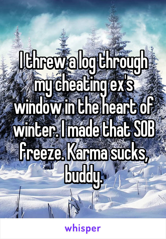 I threw a log through my cheating ex's window in the heart of winter. I made that SOB freeze. Karma sucks, buddy.