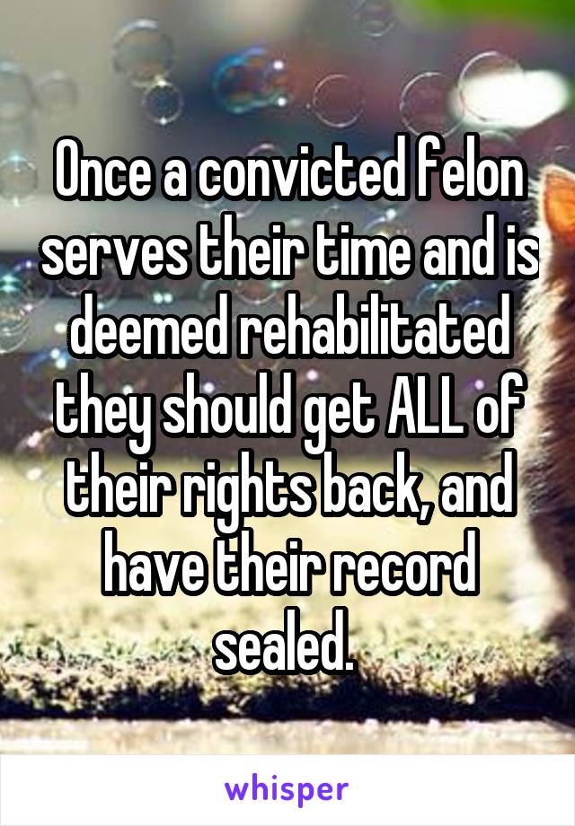 Once a convicted felon serves their time and is deemed rehabilitated they should get ALL of their rights back, and have their record sealed. 