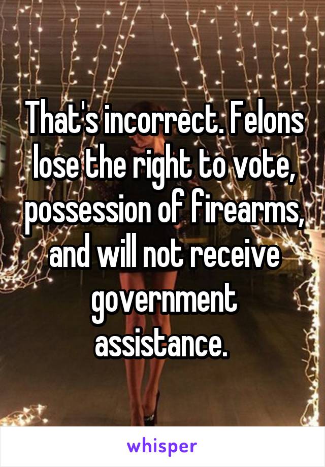 That's incorrect. Felons lose the right to vote, possession of firearms, and will not receive government assistance. 