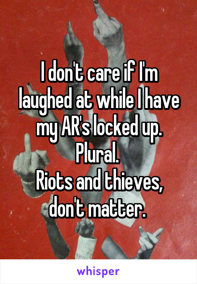 I don't care if I'm laughed at while I have my AR's locked up. Plural. 
Riots and thieves, don't matter. 