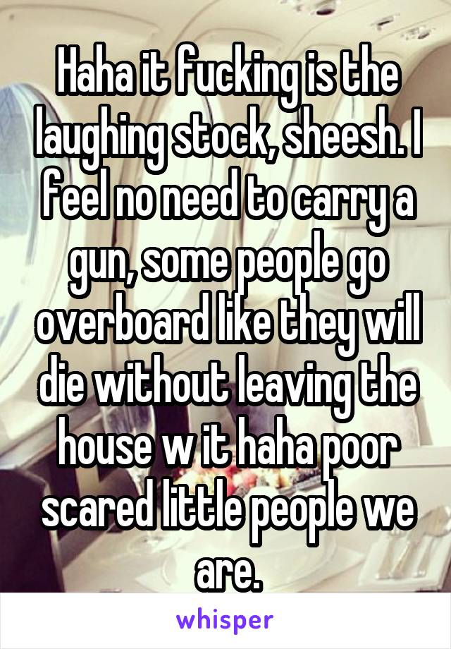 Haha it fucking is the laughing stock, sheesh. I feel no need to carry a gun, some people go overboard like they will die without leaving the house w it haha poor scared little people we are.