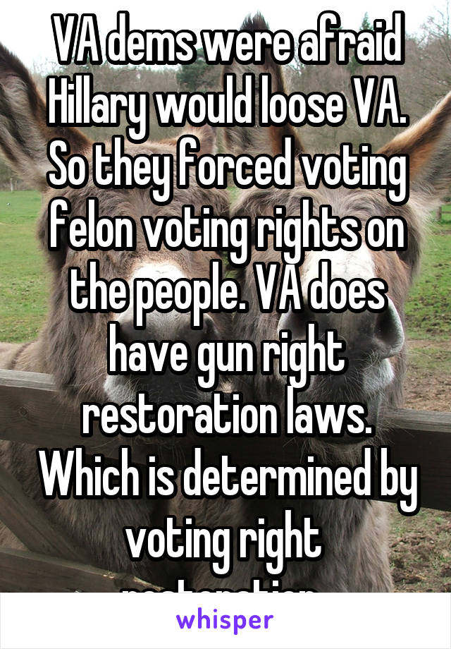 VA dems were afraid Hillary would loose VA. So they forced voting felon voting rights on the people. VA does have gun right restoration laws. Which is determined by voting right  restoration. 