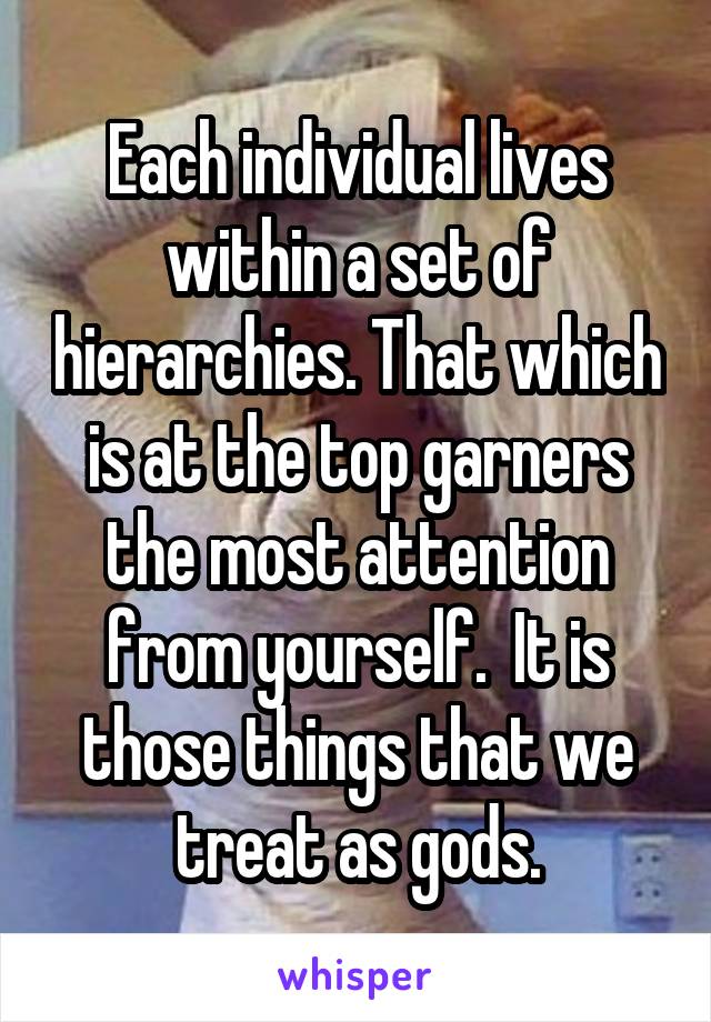 Each individual lives within a set of hierarchies. That which is at the top garners the most attention from yourself.  It is those things that we treat as gods.