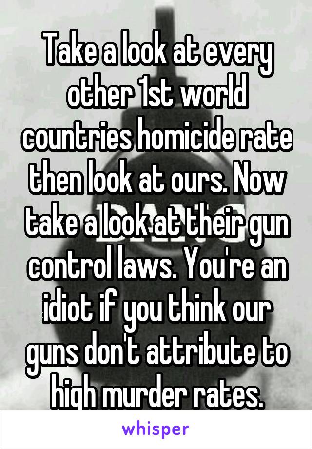 Take a look at every other 1st world countries homicide rate then look at ours. Now take a look at their gun control laws. You're an idiot if you think our guns don't attribute to high murder rates.