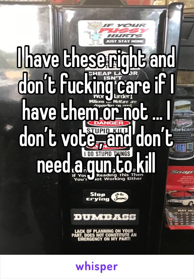 I have these right and don’t fucking care if I have them or not ... I don’t vote , and don’t need a gun to kill 