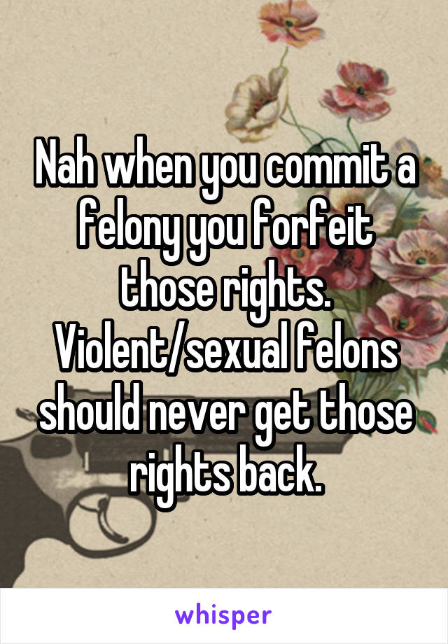 Nah when you commit a felony you forfeit those rights.
Violent/sexual felons should never get those rights back.