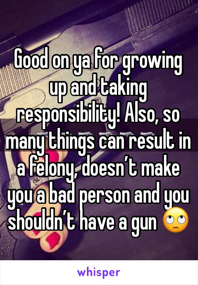 Good on ya for growing up and taking responsibility! Also, so many things can result in a felony, doesn’t make you a bad person and you shouldn’t have a gun 🙄